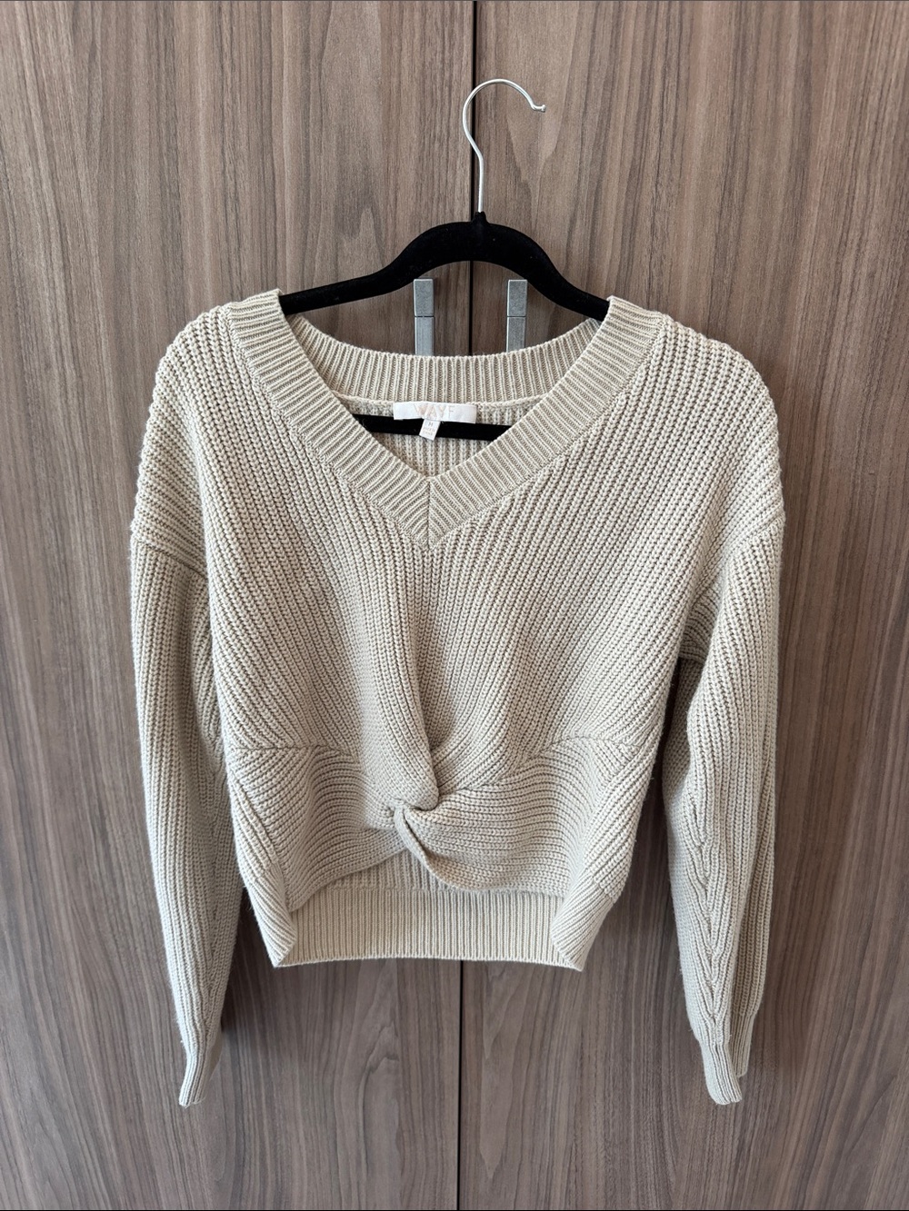 V-Neck Twist Front Knit Sweater - Taupe